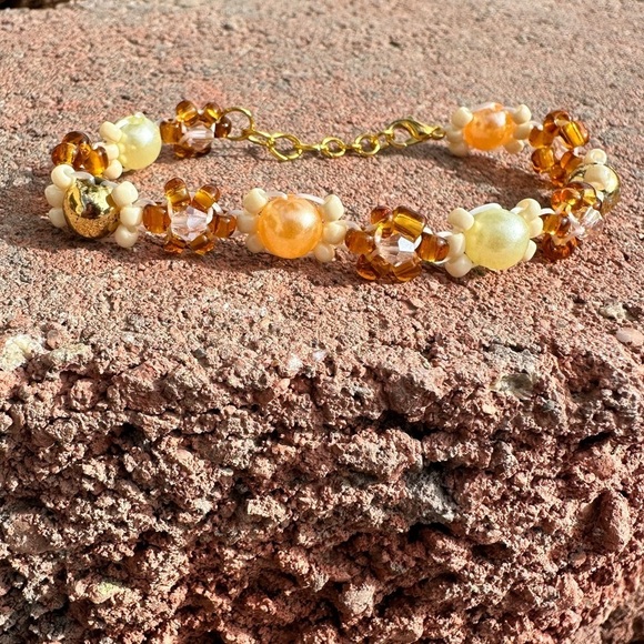 Jewelry - Orange, Gold, and Yellow Floral Adjustable Bracelet w Gold Colored Accents
